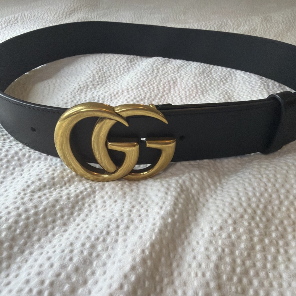 Authentic Gucci GG Marmont Belt Black Leather Gold Double G Buckle Luxury